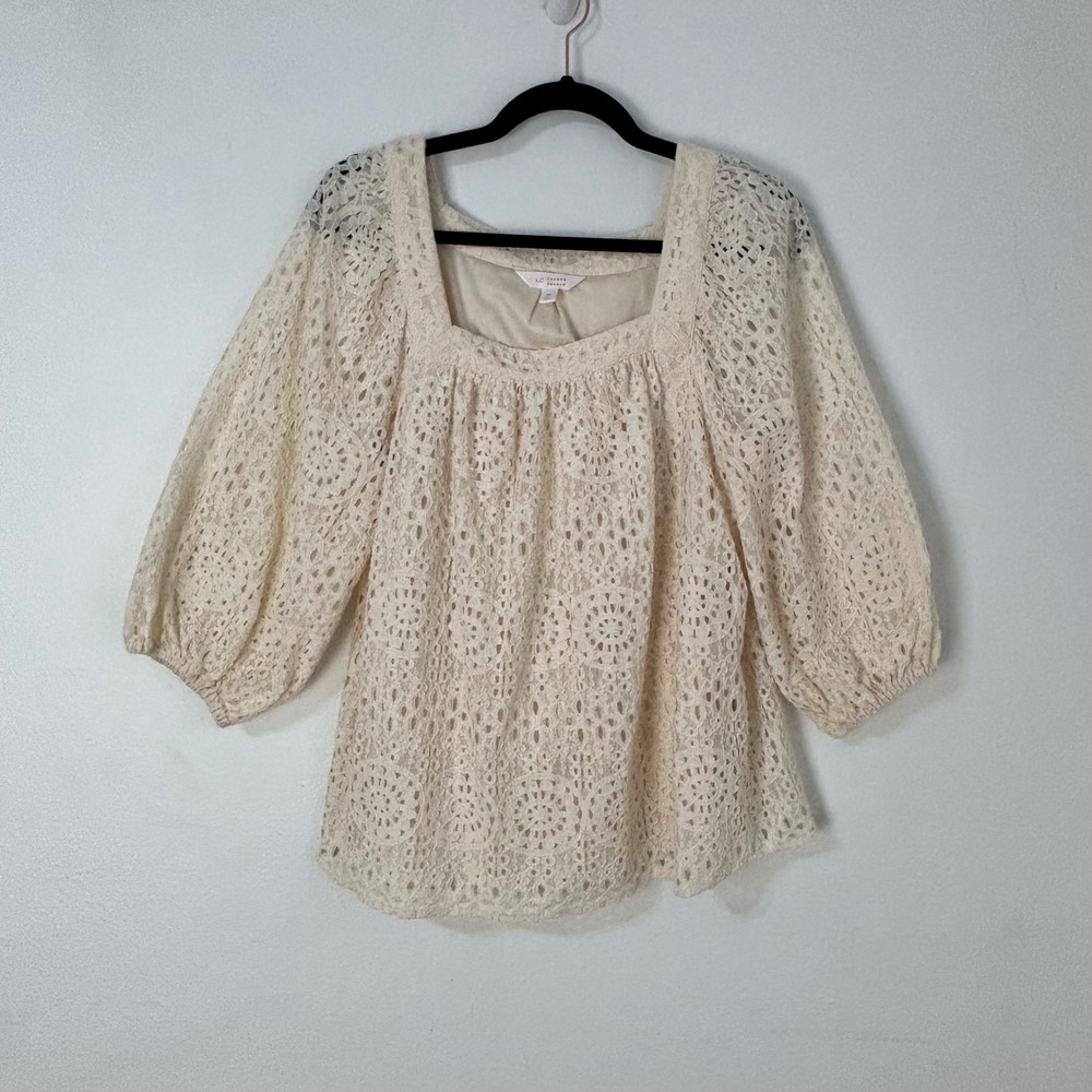 LC Lauren Conrad Blouse Boho Eyelet Lace Puff Sleeve Cream Cotttage Boho Women M